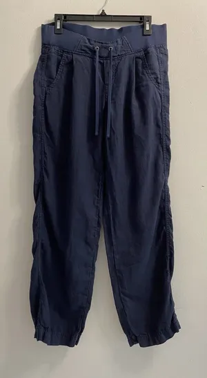 Athleta Linen Reverie Pants Sz 2 Navy Blue Drawstring Elastic Waist Wide Leg thumbnail 1