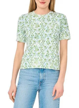 Vince Camuto Womens Green Floral Blue Lattice Short Sleeve Knit Sweater XL NWT thumbnail 1