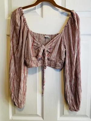American Eagle Outfitters Striped Smocked Tie Front Crop Top Long Sleeve M thumbnail 1