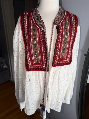 Zara White Eyelet Tunic with Red Multicolor Embroidered Yoke thumbnail 3