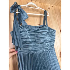NWT Lulus Blue Gorgeous Purpose Slate Satin Pleated Sleeveless Bow Maxi Dress S thumbnail 4