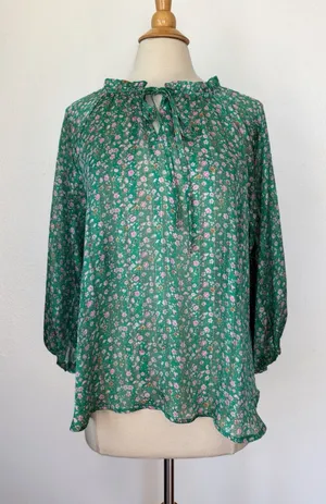 Green Floral 3/4th Sleeve Metallic Blouse thumbnail 1