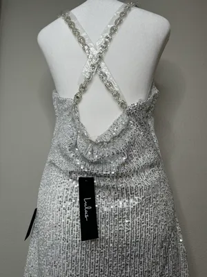 Silver Sequin Cowl Neck Mini Dress Sz M thumbnail 3