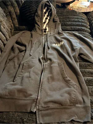 Black Zip Hoodie with Striped Hood Lining and Small Chest Logo thumbnail 1