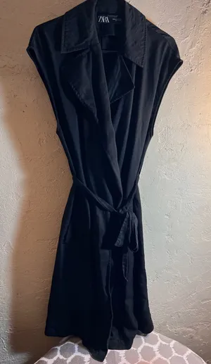 Zara Black Collared Mini Dress M trench duster wrap pockets thumbnail 1