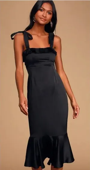 Lulus Black Tie‎ Optional Satin Ruffled Midi Dress thumbnail 1