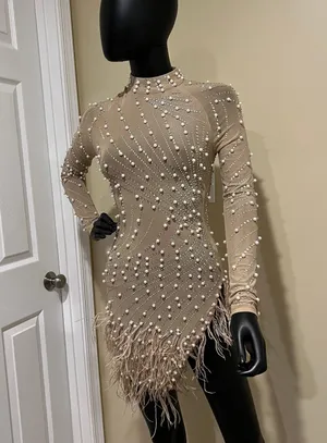 Rhinestones mini dress long sleeve pearl dress mock neck dress fringe feathers dress Sequin Dress thumbnail 3