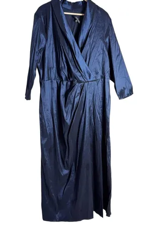 Marina Plus Size Navy Taffeta Surplice V-Neck 3/4 Sleeve Faux Wrap Dress 2X thumbnail 3