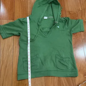 Abercrombie & Fitch‎ Short Sleeve Hoodie Womens Green V-Neck Pullover Large thumbnail 7
