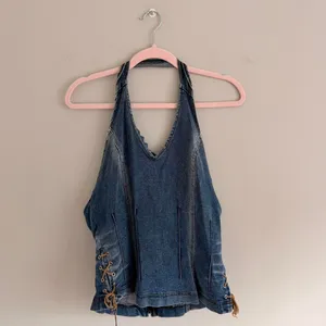Y2k Medium Wash Village Jeans Denim Western Halter Neck Top thumbnail 2