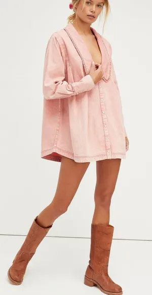 NWOT FREE PEOPLE Charlie Denim Button-Down Shirt Rose XS EXTRA SMALL thumbnail 1