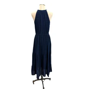 Self Contrast Navy Gauze Halter‎ Tiered Midi Dress Boho Sleeveless Size Medium thumbnail 5