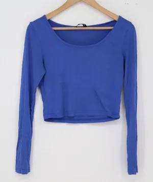 Klotho Crop Top Womens M Blue Scoop Neck Long Sleeve Stretch Excellent thumbnail 1