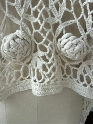 Vintage 90s Y2K One Step Up Ivory Open Knit Crochet Long Sleeve Crop Top OSFM thumbnail 4