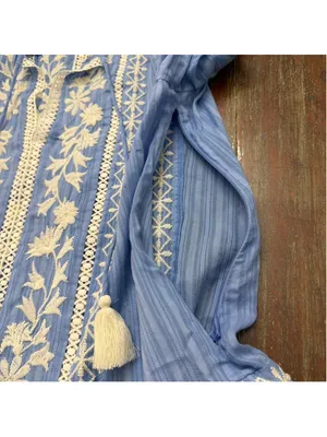 Tory Burch Light Blue Embroidered Crochet Bell Sleeve Tunic Coverup Dress Sz 6 thumbnail 8
