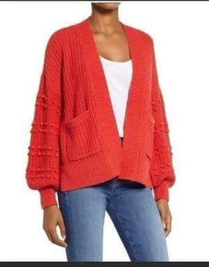 Madewell Bobble Cotton Pom Pom Cardigan Sweater in Kilt Red XSMALL NWT thumbnail 1