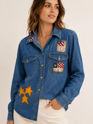 Miss Juli Vintage Button Down USA Angels Teacher Denim Chambray Shirt Size M thumbnail 1