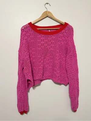 Free People Pink Crochet Knit Sweater Size Large Boho Fall Valentines Day thumbnail 2