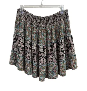 Natural Life Floral Smocked Tiered Mini Skirt Womens Large Black Pink Rayon Boho thumbnail 1