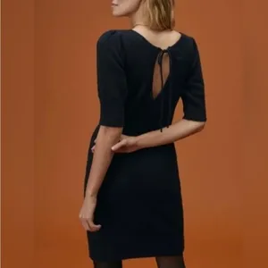 Anthropologie Daily Practice Black Knit Mini Dress‎ Puff Short Sleeve Tie Back S thumbnail 5