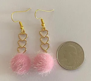 Handmade Earrings Heart Pink Pompom Dangle Kawaii y2k thumbnail 3