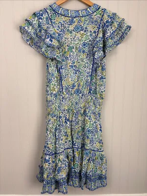 Poupette St Barth Short Sleeve Tiered Mini Dress Women Size Small Blue Green thumbnail 5