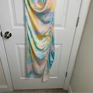Zara pastel tie dye satin rainbow‎ ruched ruched midi dress blogger size XS thumbnail 8
