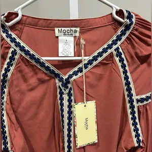Mocha Apparel Rust Embroidered Boho Peasant Blouse Balloon Sleeve S NWT thumbnail 6