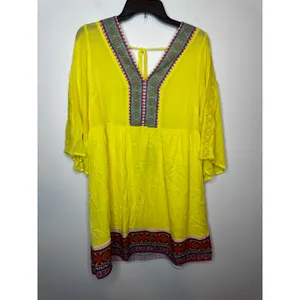White Mark Yellow Embroidered Tunic Dress L Boho Kimono Sleeve Beach Coverup thumbnail 2