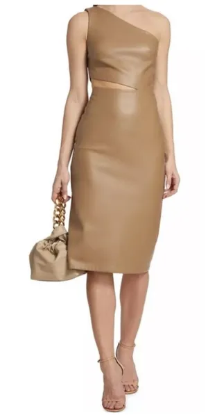 NWT L'Agence Tan Brown Aliyah Cutout One-Shoulder Faux Leather Dress Size 18 thumbnail 1