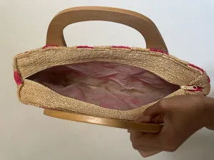 Pink and Beige Woven Checkered Straw Handbag with Wooden Handle thumbnail 3