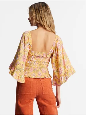 Billabong Yellow Floral Smocked Puff-Sleeve Crop Top thumbnail 2