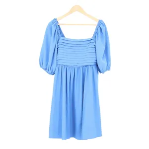 Blue Puff Sleeve Square Neck Pleated Mini Dress Large thumbnail 2