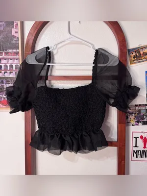 Staud Black Organza Puff Sleeve Crop Top thumbnail 5