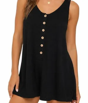 Black Henley Tank Romper Sleeveless Wood Buttons Casual Summer Knit thumbnail 1