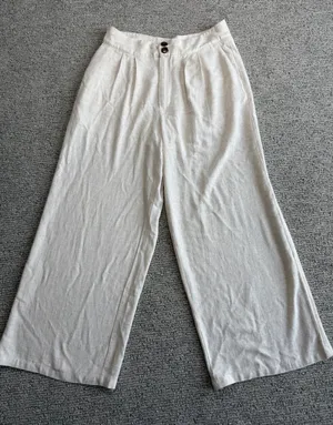 Cider Beige Linen‎ Blend Wide Leg Trousers Pleated High Waist Pants Large thumbnail 1
