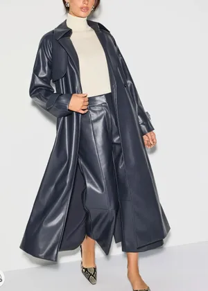 Jason Wu Navy Blue Faux Leather Trench Coat XS Double Breasted Designer $515 thumbnail 1
