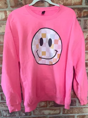 Gildan Pink Crewneck Sweatshirt with Smiley Graphic thumbnail 1