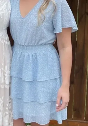 Womens Altar’d State Baby Blue Tiered Ditsy Floral Print Flutter Dress - Sz L thumbnail 1