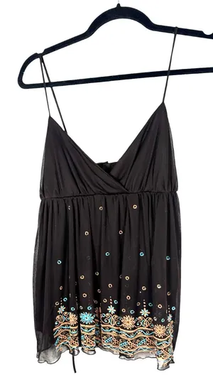OBE Y2K Brown Mesh Floral Dot Tie Bust Flowy Babydoll Top Size Large thumbnail 1