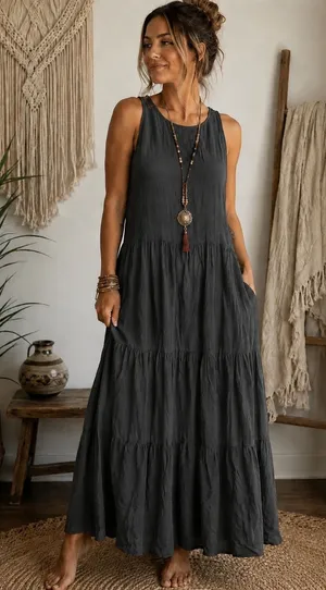 Richer Poorer Sleeveless Tiered Maxi Dress Gray High Neck Flowy Boho Summer thumbnail 1
