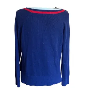 Garage Women Navy Blue‎ Varsity V-Neck Ribbed Knit Sweater Striped Trim Small thumbnail 3