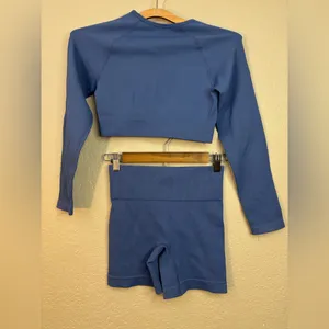 Blue Long Sleeve Ribbed Crop Top and Shorts Matching Set Size S thumbnail 2