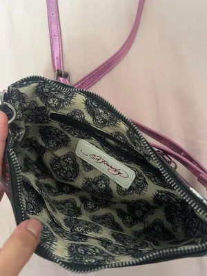 Ed Hardy Black Shoulder Bag with Pink Accents and Skull Rose Motif thumbnail 3