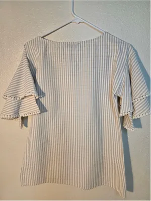 Mikarose Women’s Striped Tiered Flutter Sleeve Top Pom Pom Trim Ivory Tan Size S thumbnail 2