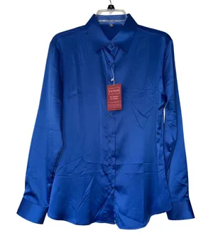 Cunlin Womens Royal Blue Satin Button Down Blouse Long Sleeve Stretch Shirt S thumbnail 1
