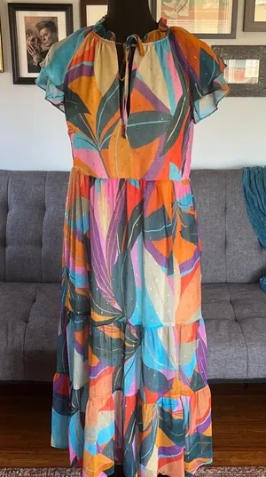 Lavender Brown Anthropologie brand Lavender Multicolor Abstract Maxi Dress. Size XS thumbnail 1