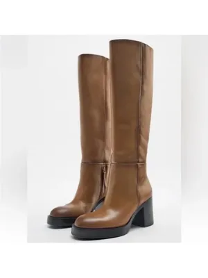 Zara Cow Leather Block Heel Knee Lenght Boots, Size Uk 8/Eur 41, Bnwt🏷 No Box thumbnail 2