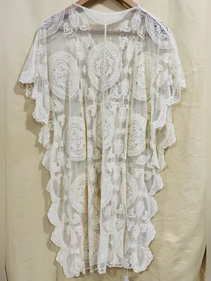 Cream Lace Crochet Kimono Cover Up Beach Swim Tassel Tie Sheer Embroidered OS thumbnail 6