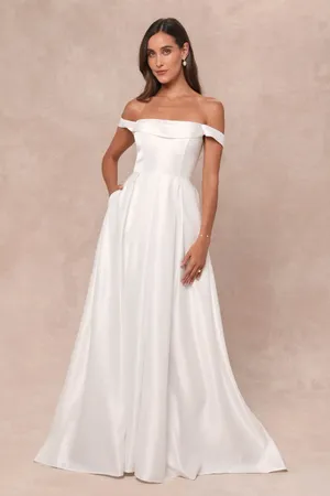 NWT Lulus Extraordinary Vow White Off-the-Shoulder Maxi Dress with Pockets Sz M thumbnail 1